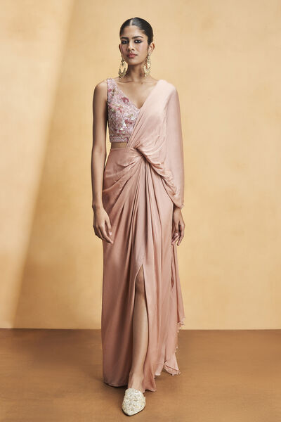 Ava Embroidered Saree Set - Old Rose